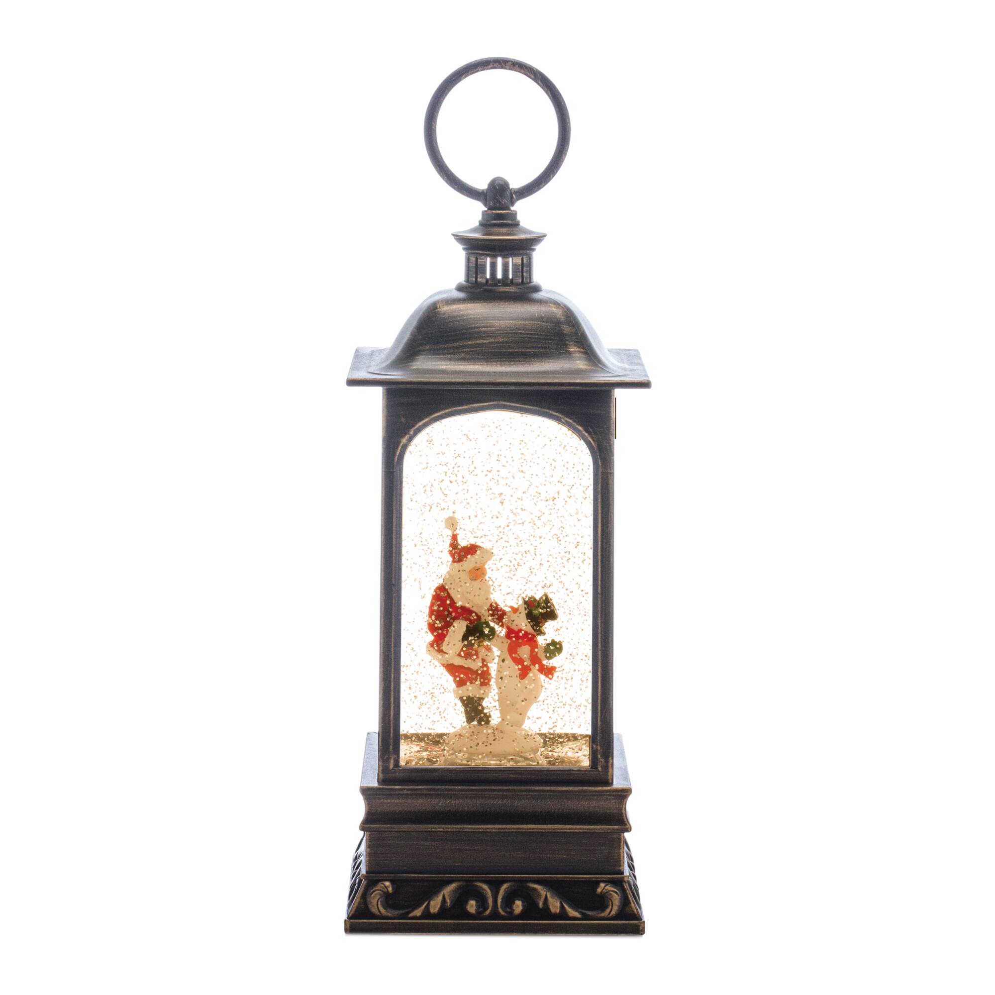10.5" LED Snow Globe Lantern with Santa and Snowman
